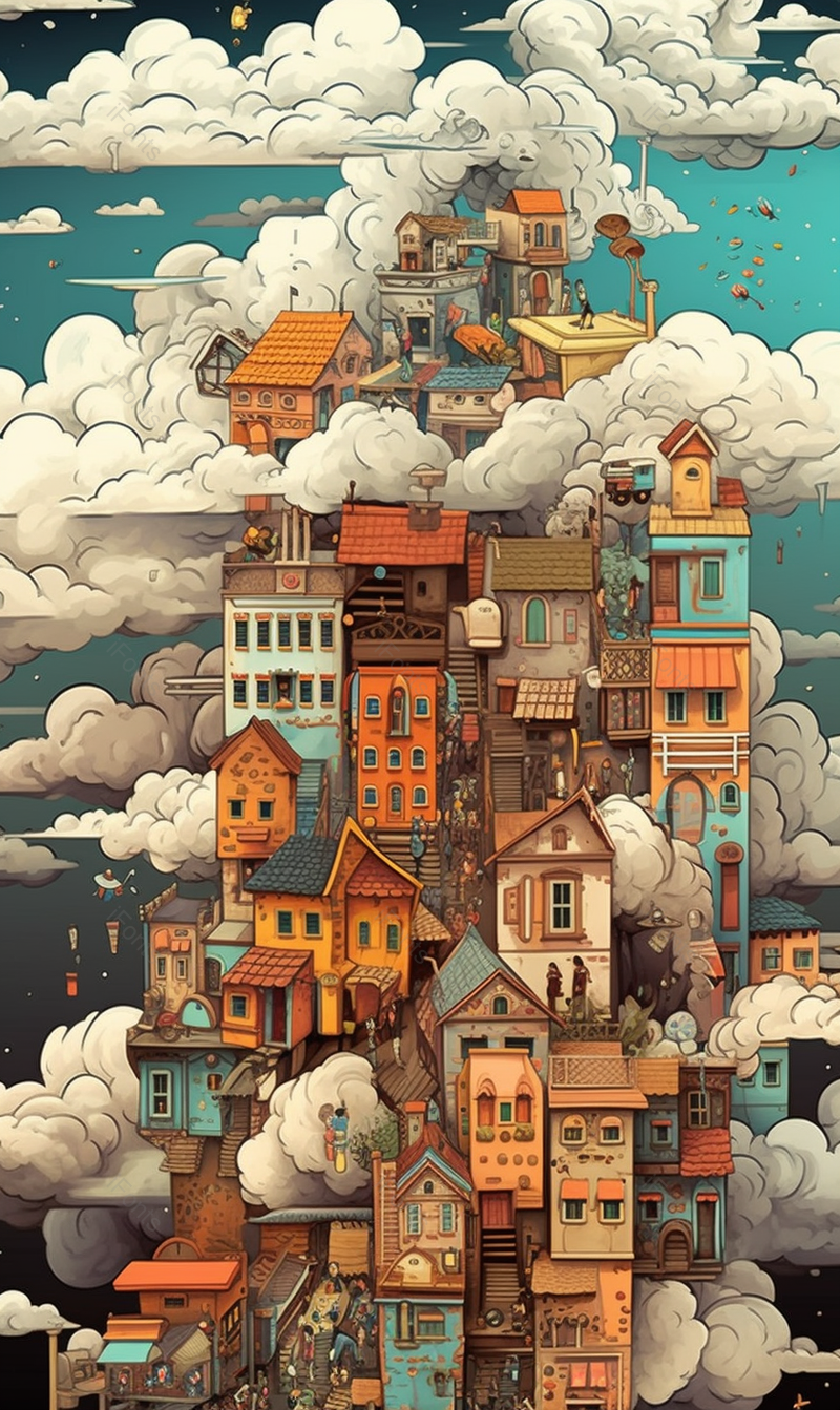 云层下方繁荣城市的高楼大厦房屋突破云朵科幻卡通风格插画背景,插画/手绘图,插画/手绘图库,插画/手绘图下载,插画/手绘